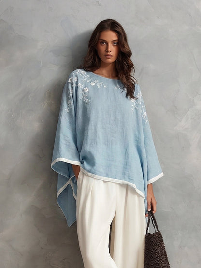 Azzurra — Completo due pezzi in cotone e lino ricamato blu e bianco
