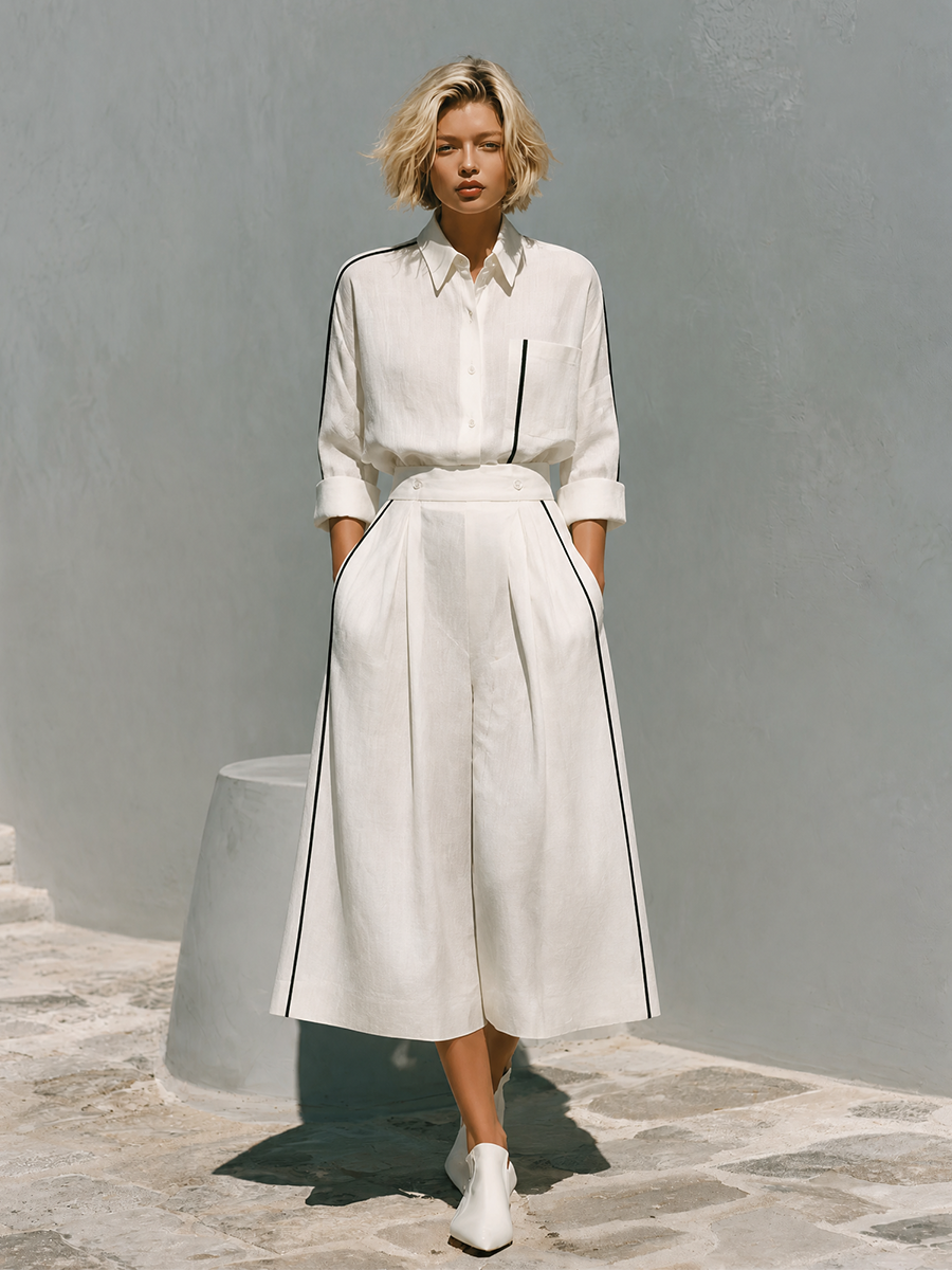 Tosca — Completo due pezzi in lino con pantaloni a gamba larga bianco
