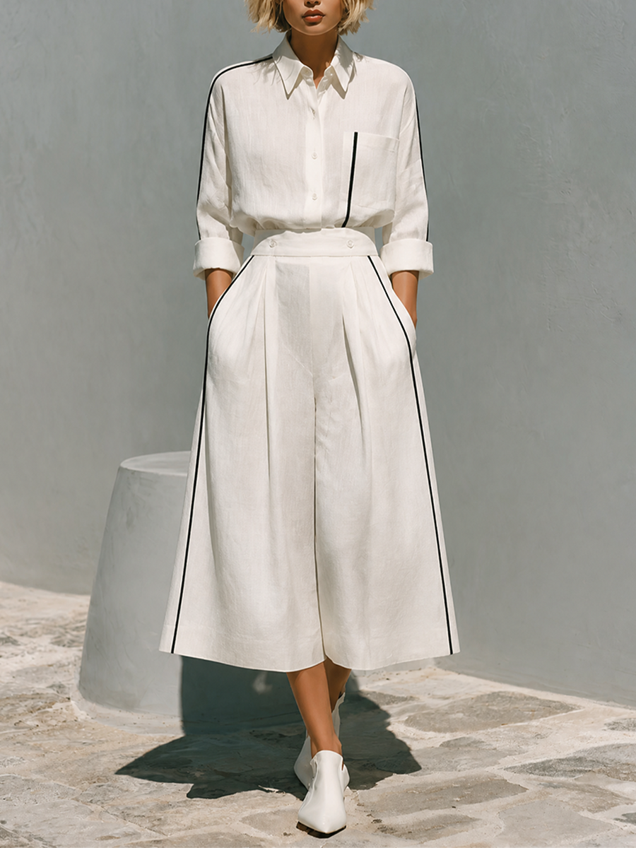 Tosca — Completo due pezzi in lino con pantaloni a gamba larga bianco