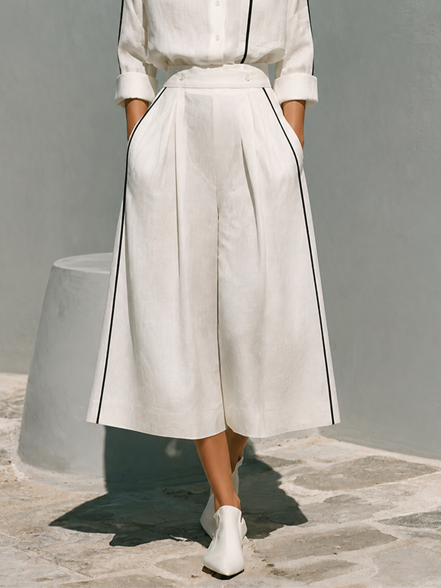Tosca — Completo due pezzi in lino con pantaloni a gamba larga bianco
