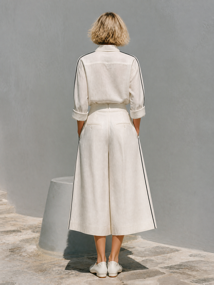 Tosca — Completo due pezzi in lino con pantaloni a gamba larga bianco