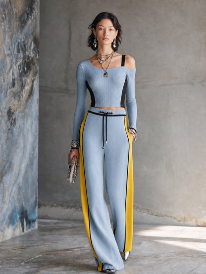 Viola — Completo due pezzi in maglia con pantaloni a gamba larga blu