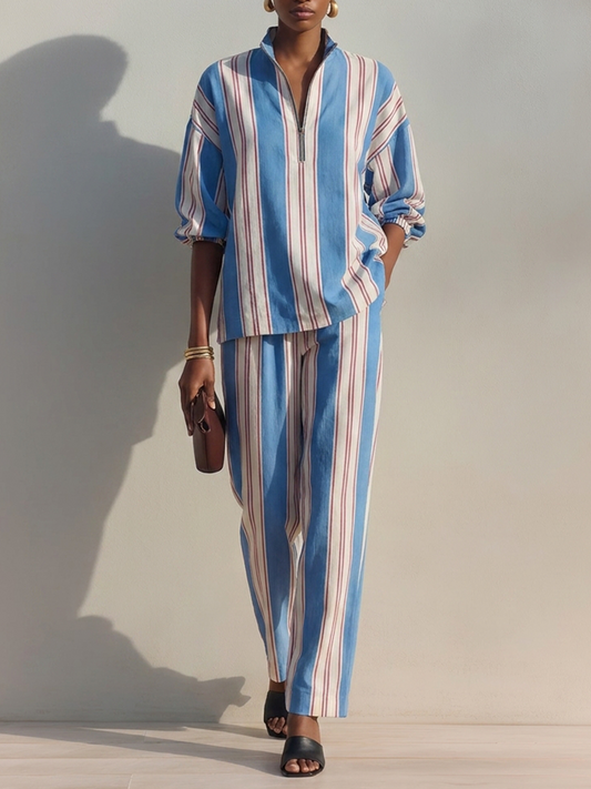 Zaira — Completo due pezzi in cotone e lino a righe blu