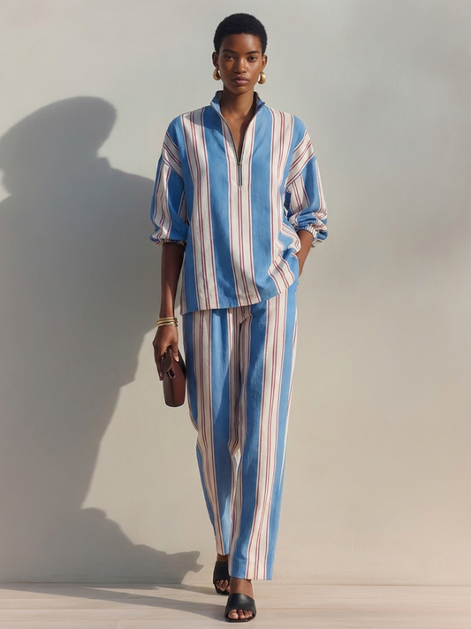 Zaira — Completo due pezzi in cotone e lino a righe blu