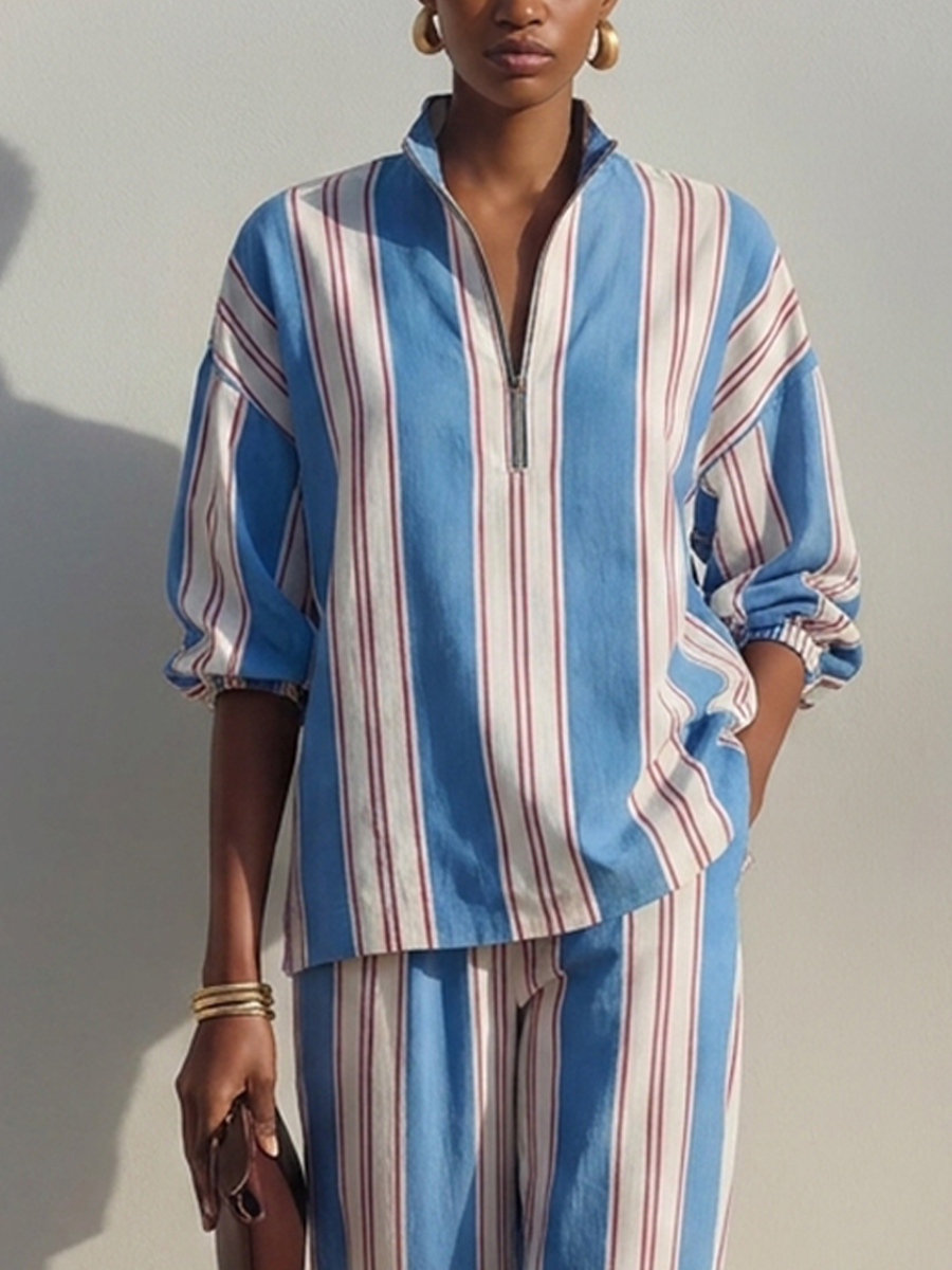 Zaira — Completo due pezzi in cotone e lino a righe blu