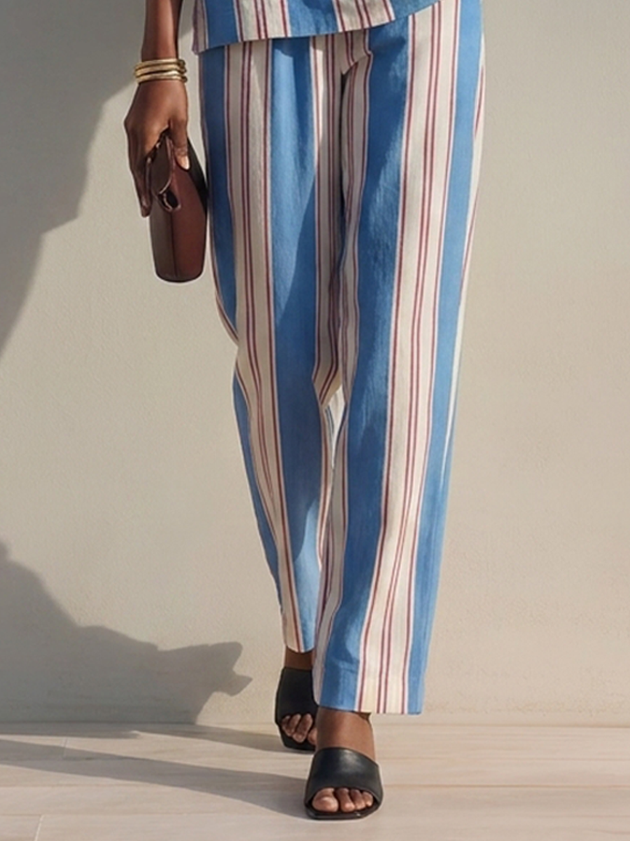 Zaira — Completo due pezzi in cotone e lino a righe blu