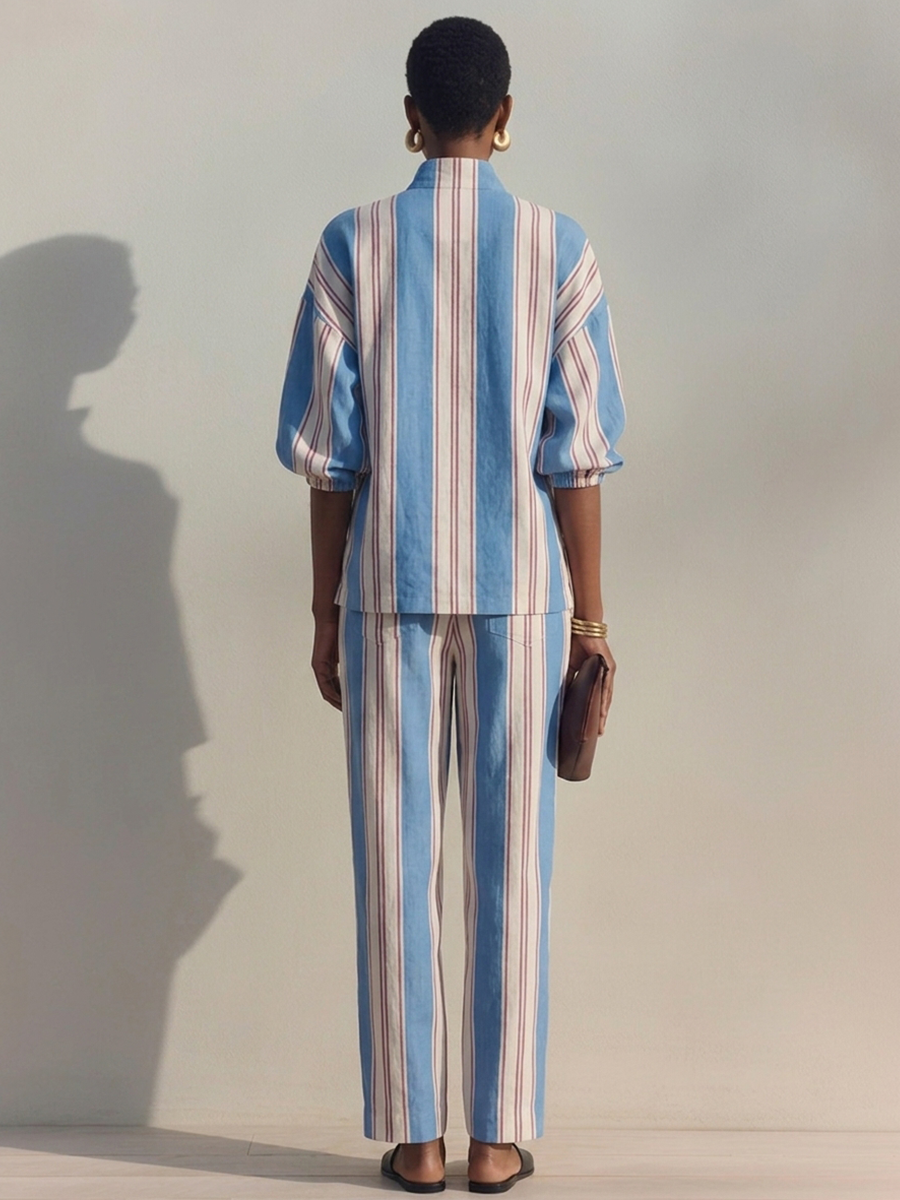 Zaira — Completo due pezzi in cotone e lino a righe blu