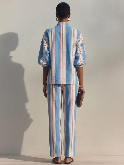 Zaira — Completo due pezzi in cotone e lino a righe blu