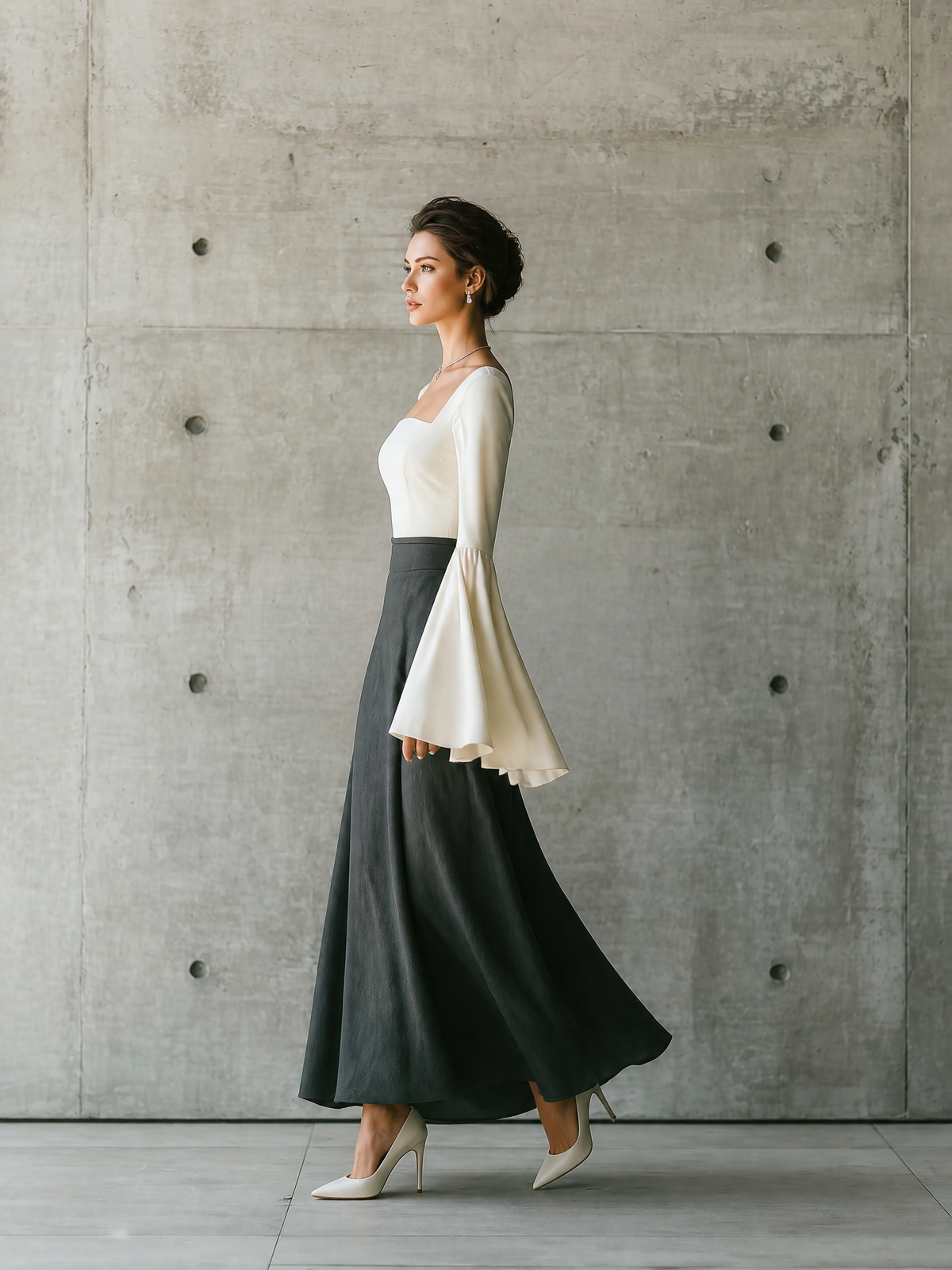 Valeria — Completo due pezzi in cotone con gonna lunga grigio