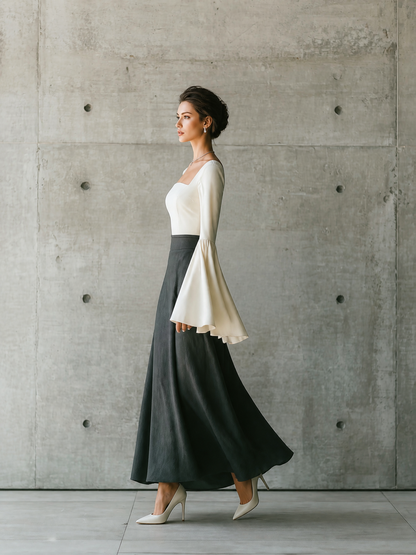 Valeria — Completo due pezzi in cotone con gonna lunga grigio