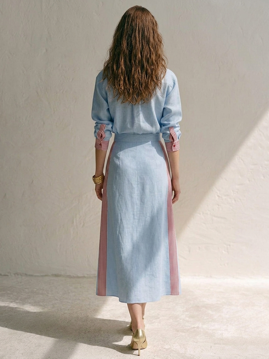 Vittoria — Completo due pezzi in cotone e lino a righe blu