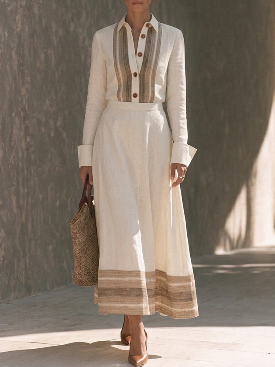 Viviana — Completo due pezzi in cotone e lino a righe beige