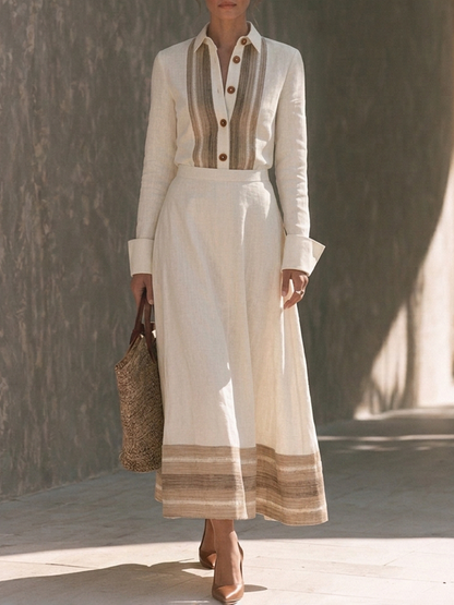 Viviana — Completo due pezzi in cotone e lino a righe beige