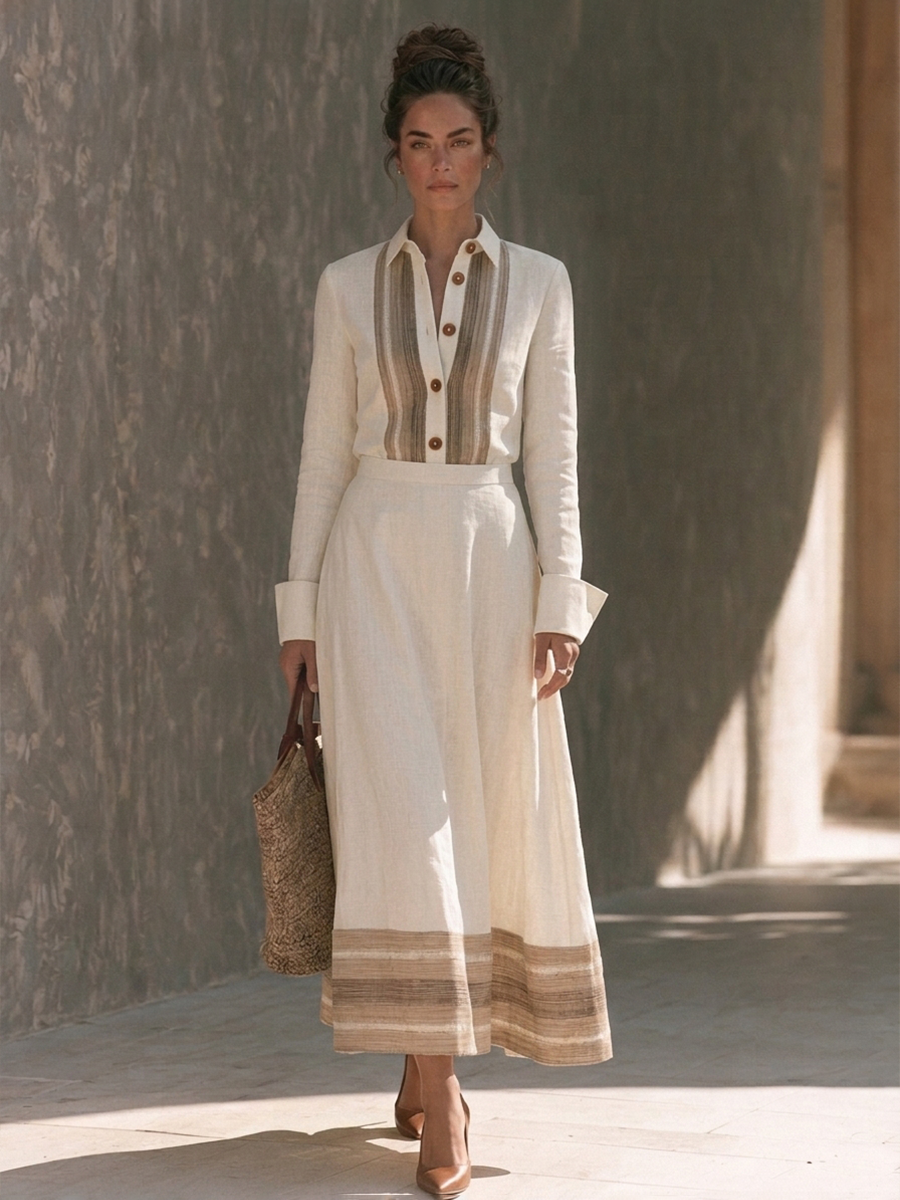 Viviana — Completo due pezzi in cotone e lino a righe beige