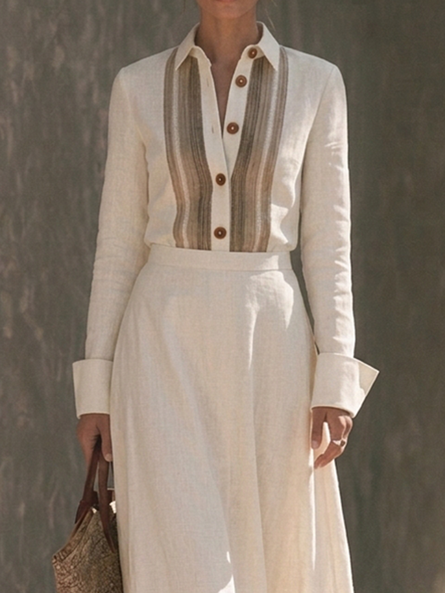 Viviana — Completo due pezzi in cotone e lino a righe beige