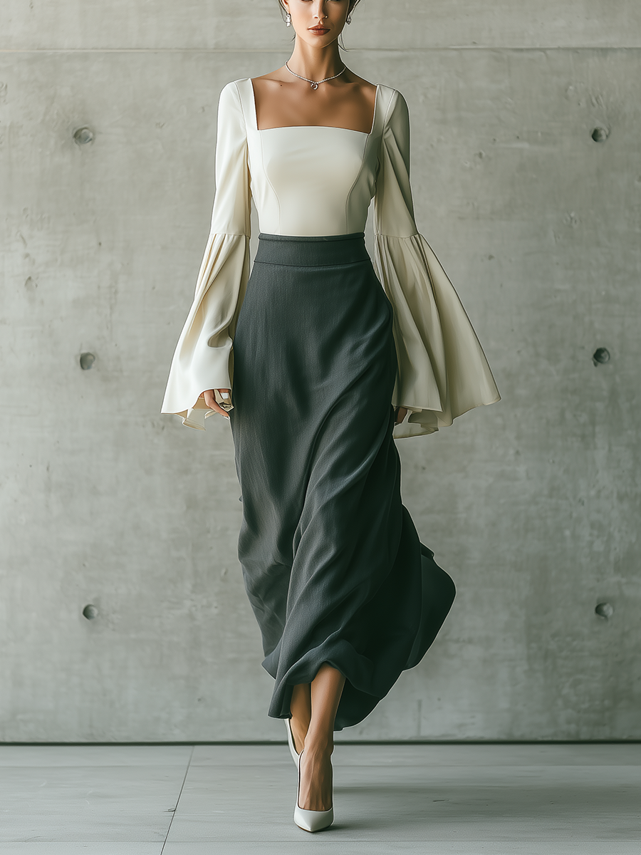 Valeria — Completo due pezzi in cotone con gonna lunga grigio