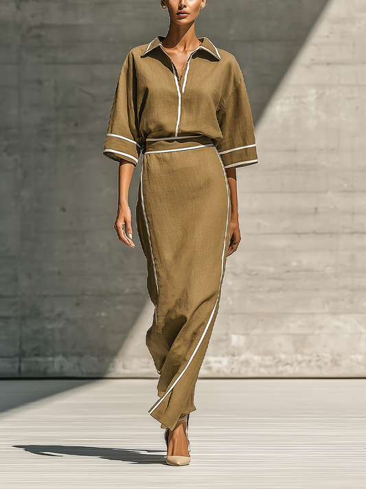Vera — Completo due pezzi in lino con gonna kaki
