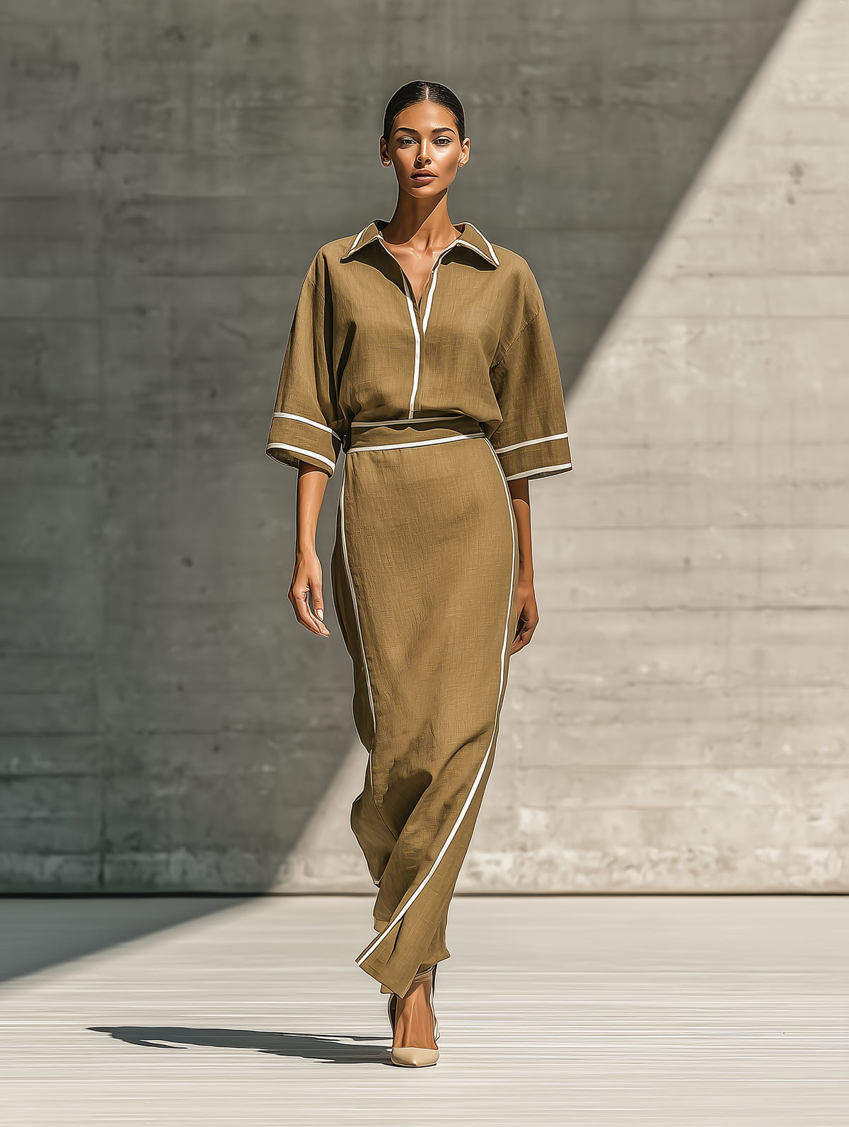 Vera — Completo due pezzi in lino con gonna kaki