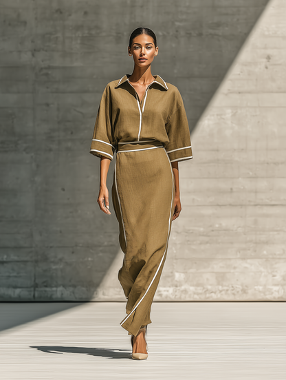 Vera — Completo due pezzi in lino con gonna kaki