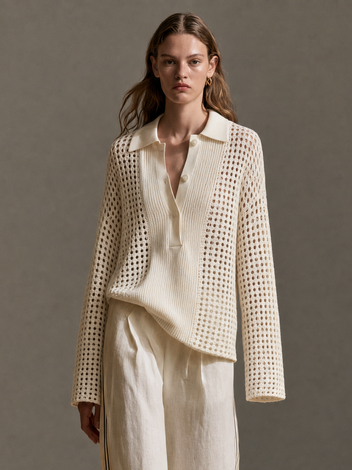 Zita — Completo due pezzi in lino con pantaloni a gamba larga beige