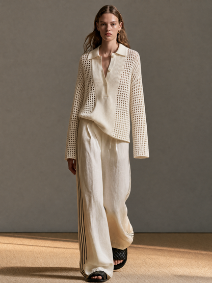 Zita — Completo due pezzi in lino con pantaloni a gamba larga beige