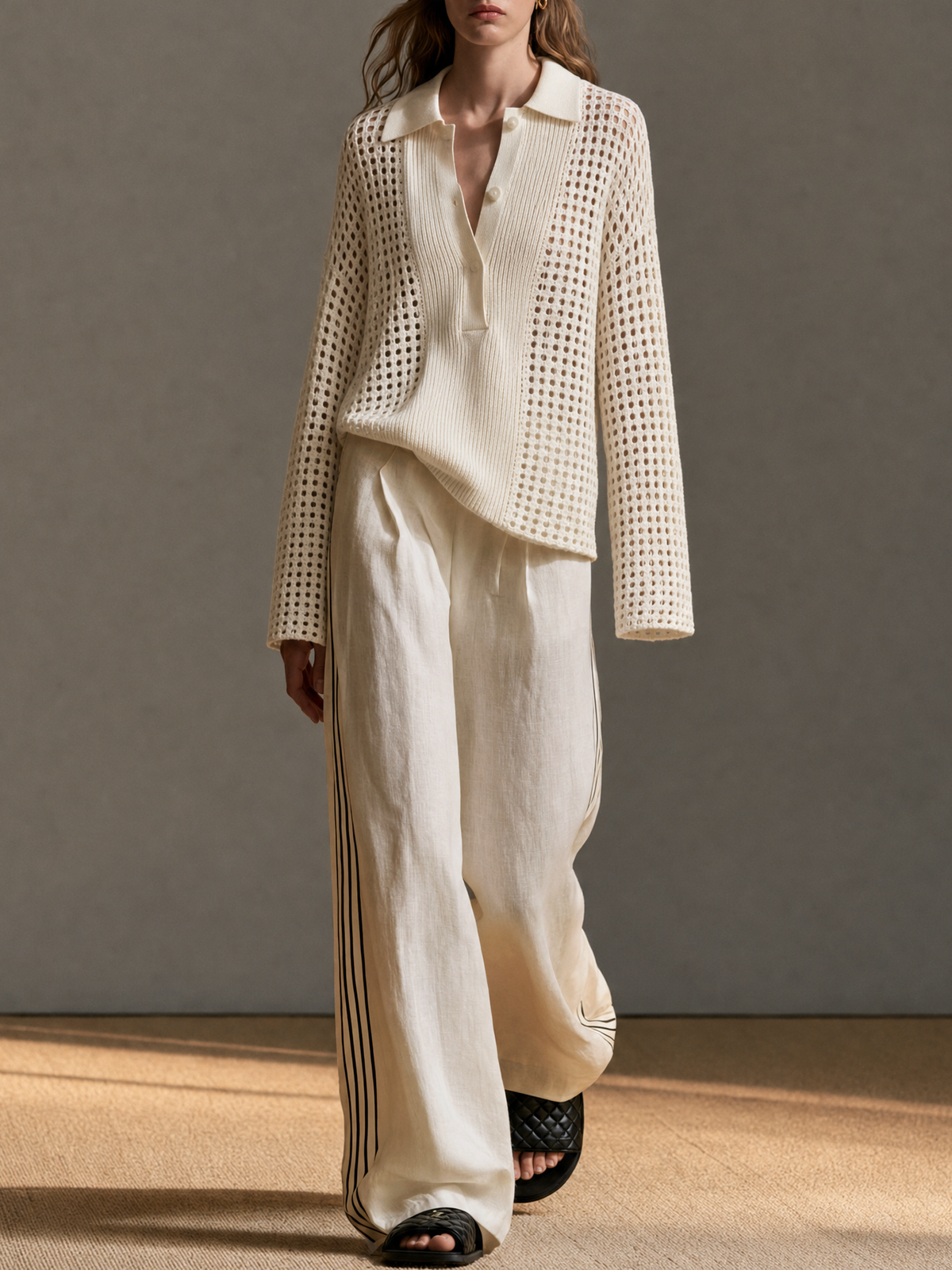 Zita — Completo due pezzi in lino con pantaloni a gamba larga beige