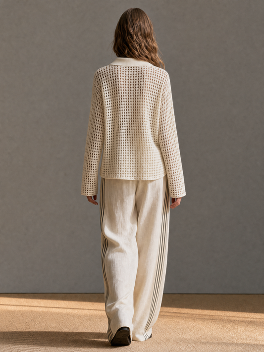 Zita — Completo due pezzi in lino con pantaloni a gamba larga beige