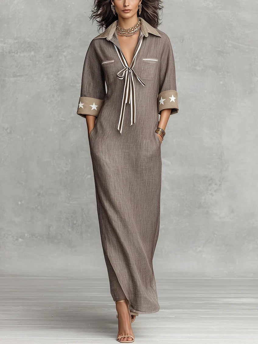 Annetta — Abito lungo in lino a righe con collo a camicia