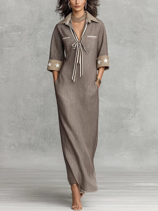 Annetta — Abito lungo in lino a righe con collo a camicia