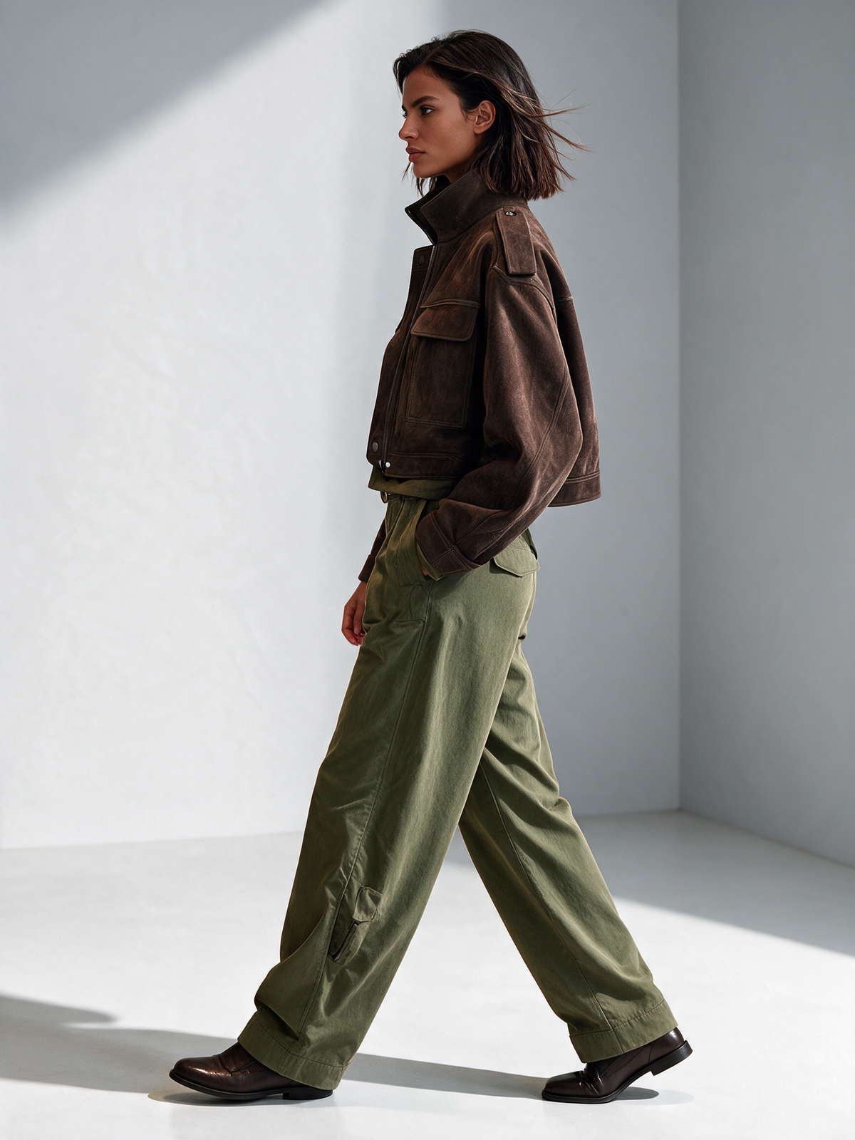 Editta — Giacca corta in camoscio con collo alla coreana