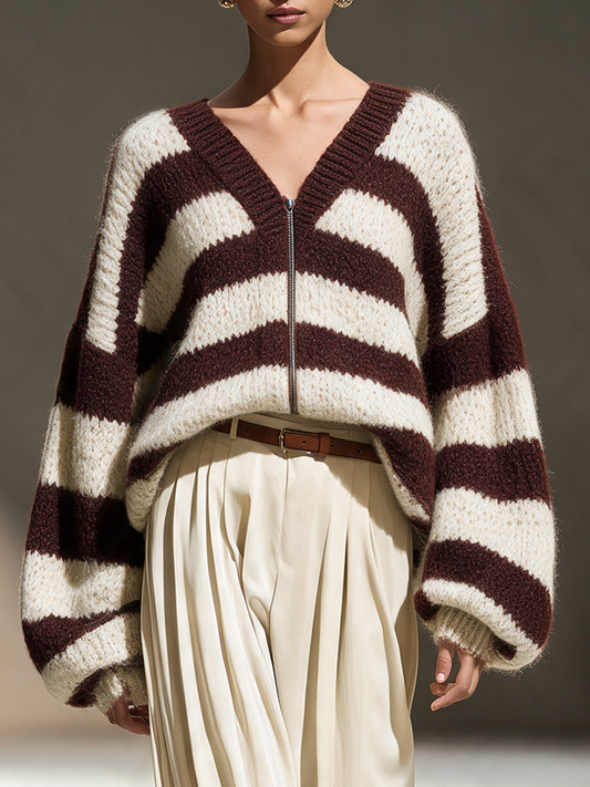 Luigia — Cardigan a righe in misto lana con scollo a V