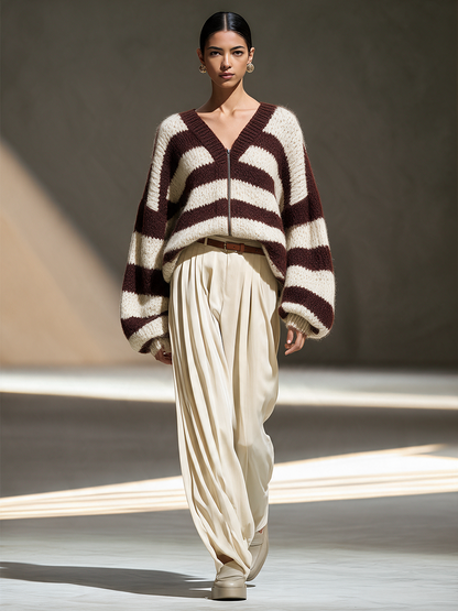 Luigia — Cardigan a righe in misto lana con scollo a V