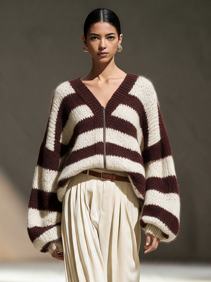 Luigia — Cardigan a righe in misto lana con scollo a V