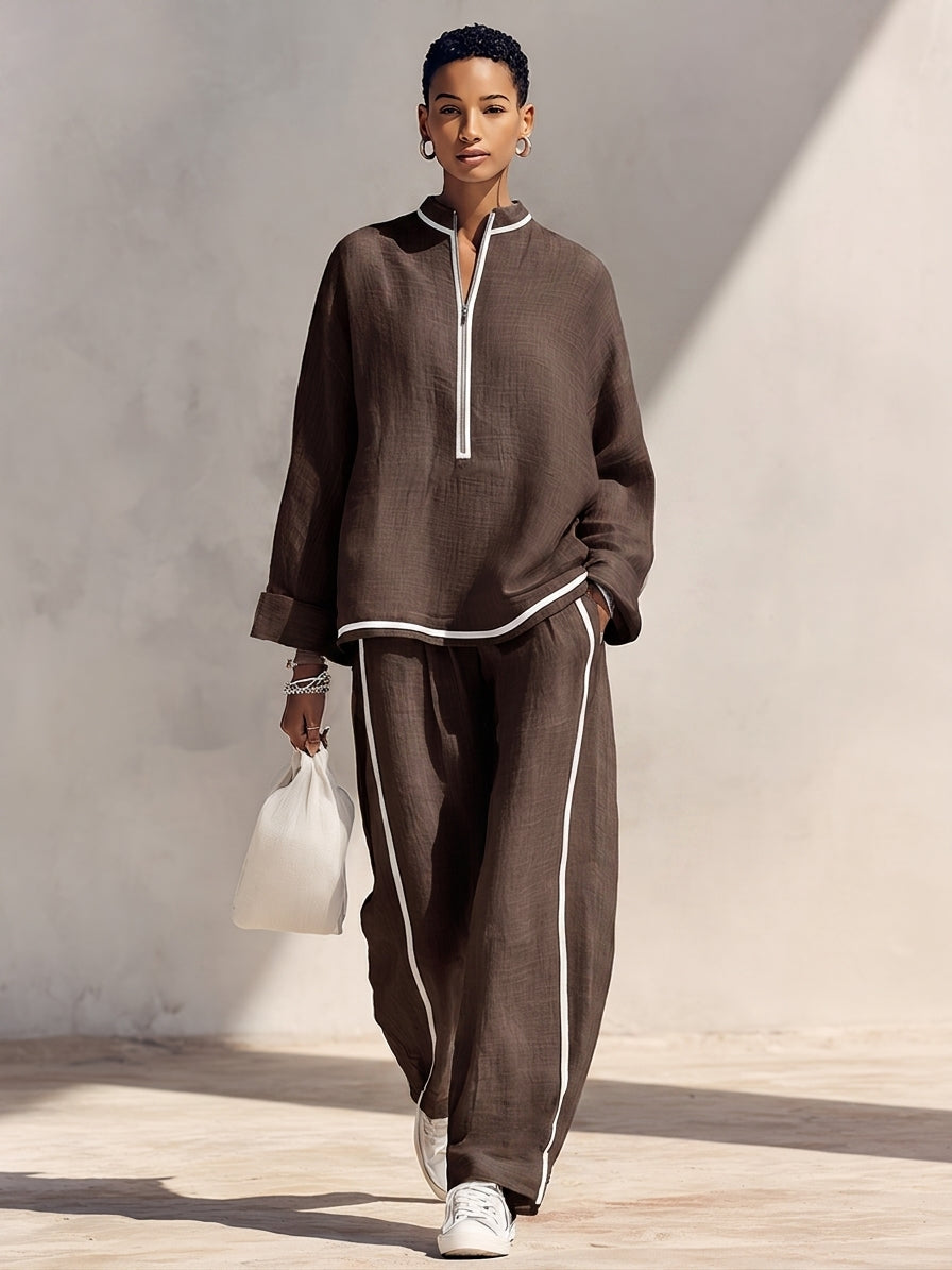 Chiara — Completo due pezzi in lino con pantaloni blu