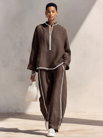 Chiara — Completo due pezzi in lino con pantaloni blu