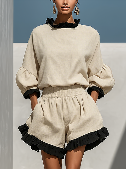 Dora — Completo due pezzi in lino con pantaloni beige