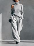 Dalia — Completo due pezzi in maglia con pantaloni a gamba larga grigio
