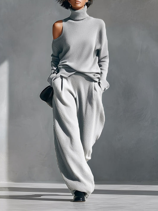 Dalia — Completo due pezzi in maglia con pantaloni a gamba larga grigio