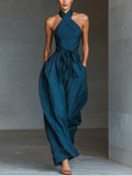 Donata — Tuta intera in lino senza maniche blu navy