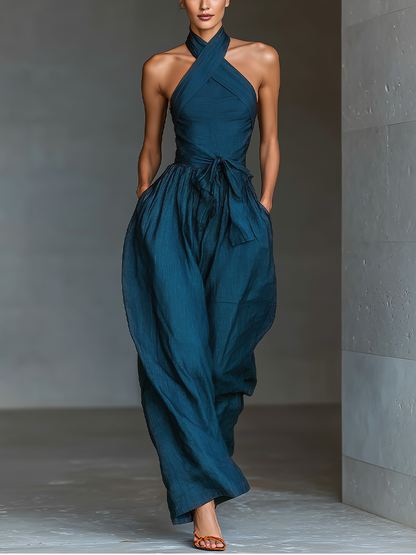 Donata — Tuta intera in lino senza maniche blu navy