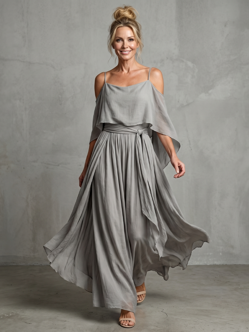 Miriam — Completo con top drappeggiato e spalle scoperte