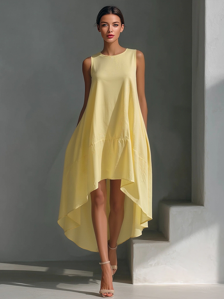 Attilia — Abito midi in lino con girocollo bianco