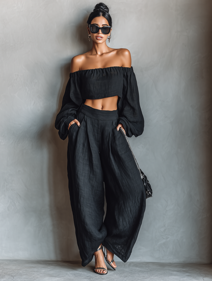 Bruna — Completo due pezzi in lino con pantaloni a gamba larga nero