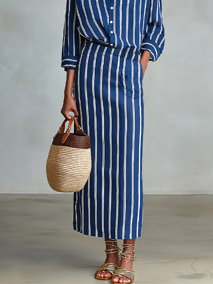 Cecilia — Completo due pezzi in cotone a righe blu royal