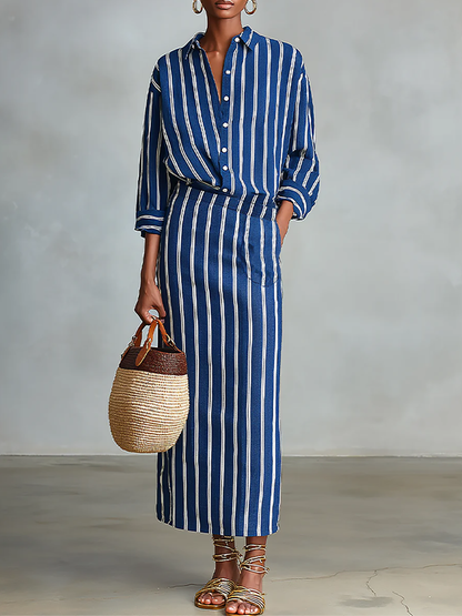 Cecilia — Completo due pezzi in cotone a righe blu royal