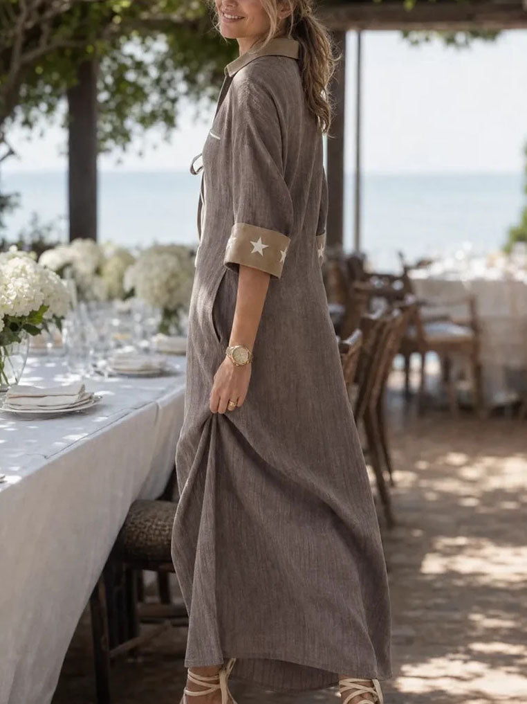 Annetta — Abito lungo in lino a righe con collo a camicia
