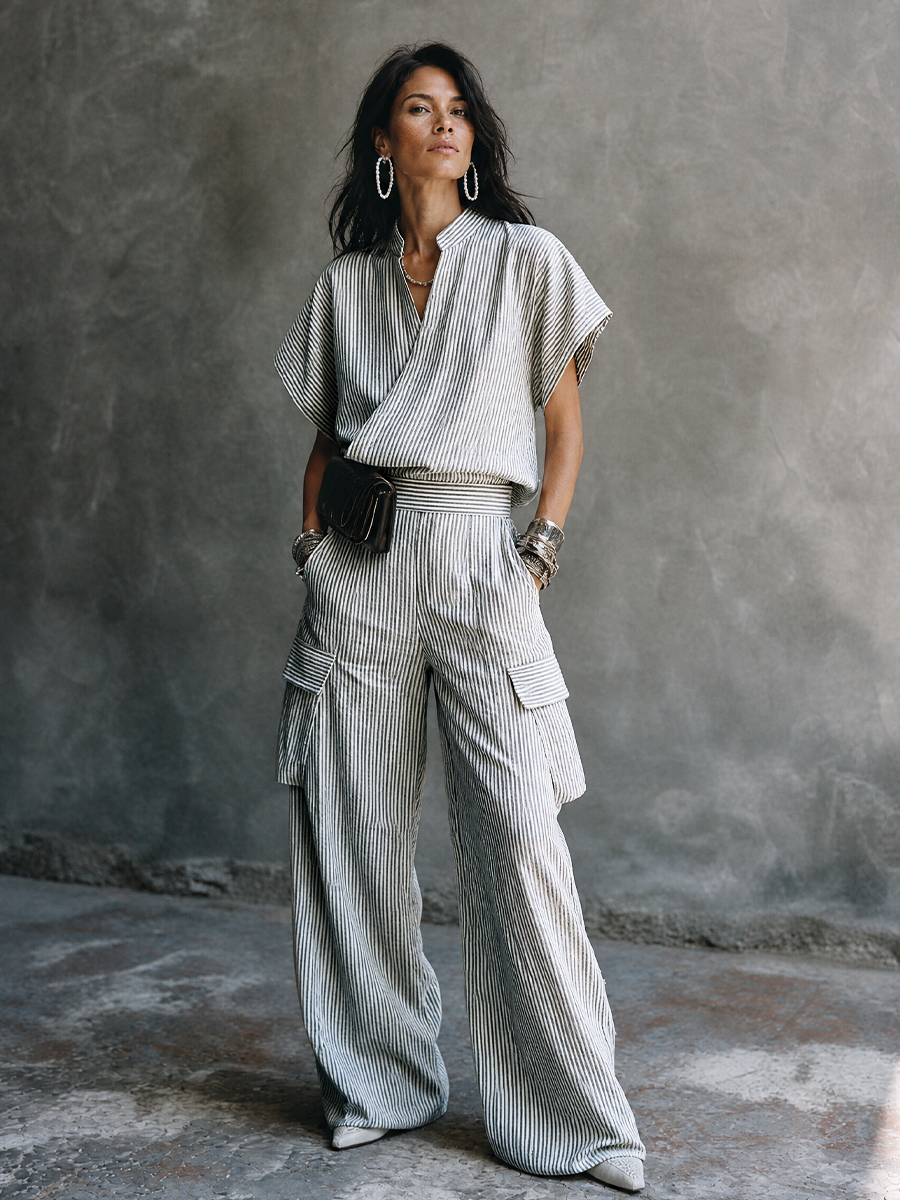 Fiorella — Completo due pezzi in cotone a righe grigio e bianco