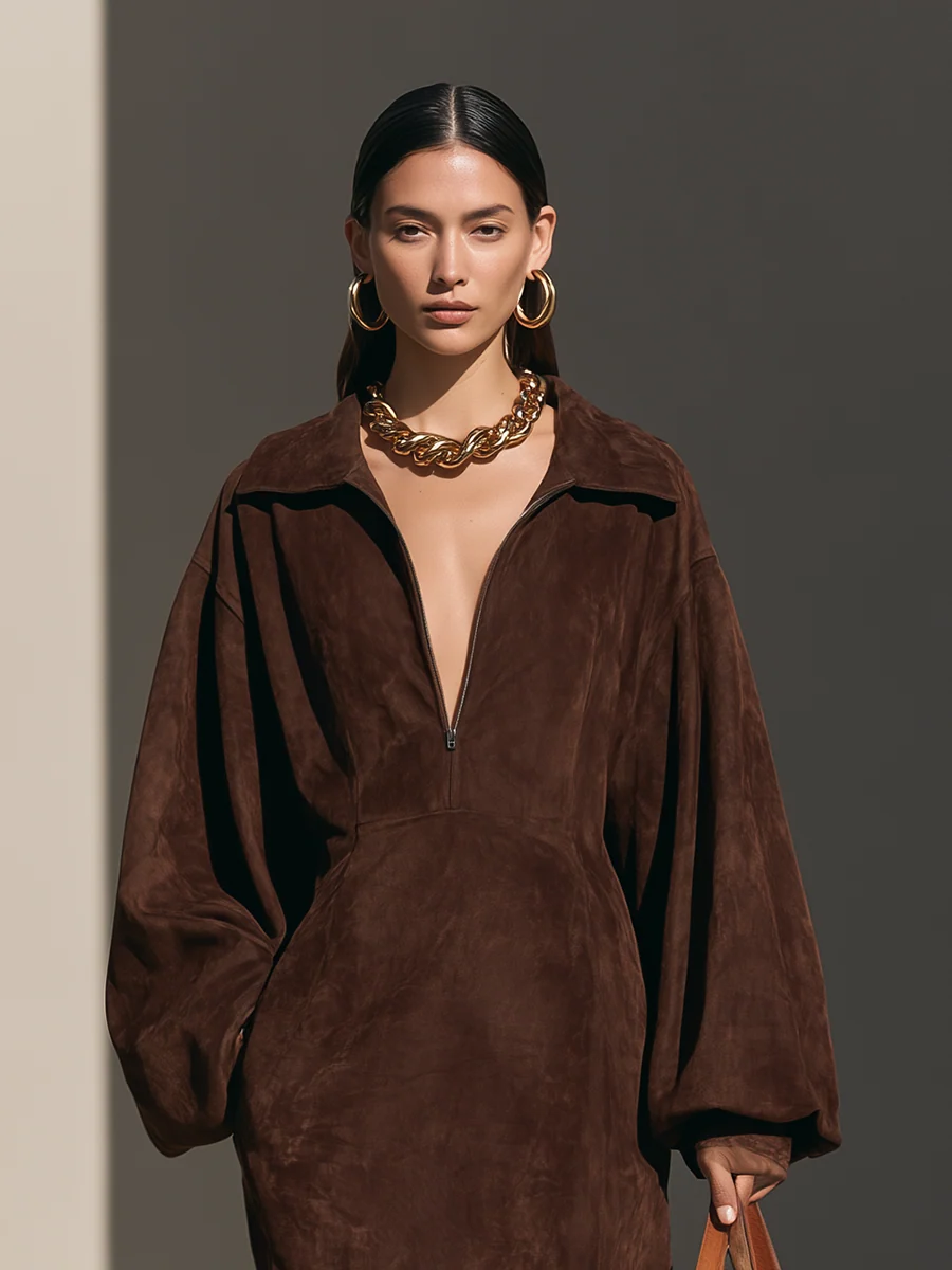 Norma — Abito lungo in camoscio con mezza zip