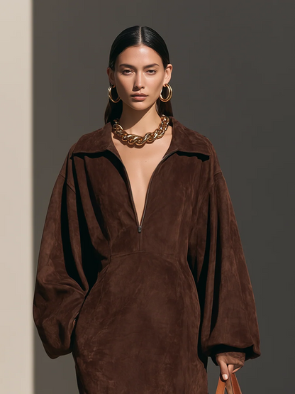 Norma — Abito lungo in camoscio con mezza zip