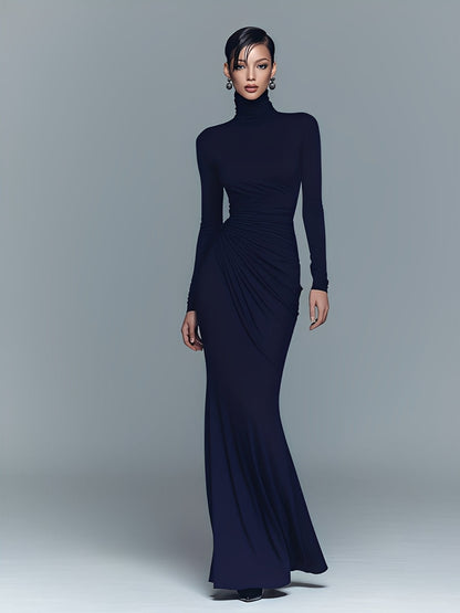 Gaudenzia — Abito lungo in cotone con collo alto blu navy